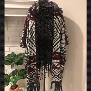 Anthropologie Elodie Fringe hood sweater kimono L